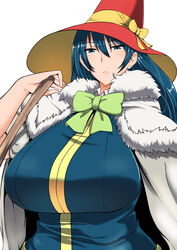  are_(arearee) blue_eyes blue_hair breasts commentary_request female hat highres huge_breasts kagari_ayaka lips simple_background solo white_background witch_craft_works witch_hat 