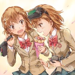  2girls animal badge bag black_cat blazer bow bowtie brown_eyes brown_hair brown_jacket commentary_request crepe feline food food_wrapper gekota grey_skirt ha_neko head-mounted_display holding holding_animal holding_cat jacket medium_hair misaka_imouto misaka_imouto_10032 misaka_imouto_10032&#039;s_cat misaka_mikoto multiple_girls plaid plaid_skirt pleated_skirt red_bow red_bowtie red_ribbon ribbon school_uniform siblings sisters skirt toaru_kagaku_no_railgun toaru_majutsu_no_index tokiwadai_school_uniform upper_body winter_uniform 