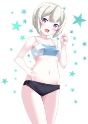  :d black_buruma blush buruma bustier commentary_request covered_nipples cowboy_shot female hand_on_own_hip highres kaze_makase looking_at_viewer navel oerba_yun_fang open_mouth partial_commentary purple_eyes short_hair smile solo sports_bikini star_(symbol) stomach white_hair 