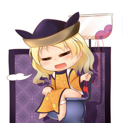  =_= blonde_hair blush chibi closed_eyes commentary detached_sleeves female hat kurumai matara_okina naked_tabard panties panty_pull puff_of_air shiny_skin shippou_(pattern) short_hair solo sweatdrop tabard toilet toilet_use touhou underwear 