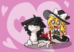  animalization bandaid bandaid_on_face blonde_hair bow braid brush brushing brushing_tail coffgirl commentary_request female hair_tubes hakurei_reimu hat hat_ribbon heart heart_background high_collar kirisame_marisa open_mouth purple_background ribbon short_sleeves single_braid skirt skirt_set smile tail tail_bow tail_ornament touhou witch_hat wolf yellow_eyes 