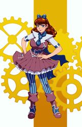  bad_id bad_twitter_id bliss_barson blue_bow blue_eyes blue_neckwear boots bow breasts brown_hair contrapposto cryamore curly_hair eyeshadow female full_body gears hairbow hands_on_own_hips highres large_breasts long_hair looking_at_viewer makeup mole mole_under_eye pantyhose robaato short_sleeves smile solo standing striped_clothes striped_pantyhose vertical-striped_clothes vertical-striped_pantyhose 