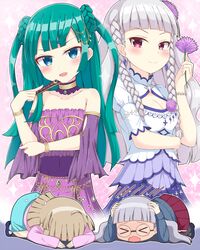  &gt;_&lt; 4girls blue_eyes blush breasts brown_hair chibi cleavage closed_eyes closed_mouth collarbone commentary_request dual_persona facing_viewer glasses green_hair grey_hair idol_time_pripara koda_michiru large_breasts long_hair looking_at_viewer md5_mismatch meiji_(meizi493) miichiru_(pripara) multiple_girls parted_lips pretty_series pripara prostration red_eyes red_skirt skirt smile trait_connection tsukikawa_chili tsukikawa_chili_(normal) 