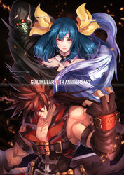  1boy angel_wings anniversary asymmetrical_wings blue_hair bow brown_hair commentary_request copyright_name dizzy_(guilty_gear) female fingerless_gloves gloves guilty_gear guilty_gear_xrd hairbow headband highres junkyard_dog_mk_iii long_hair muscular re_(re_09) red_eyes sol_badguy wings yellow_bow 