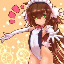  :3 alternate_costume bella_(sennen_sensou_aigis) bow bowtie breasts brown_hair commentary_request cowboy_shot elbow_gloves female gloves green_eyes highres leotard long_hair maid_headdress orange_background outstretched_arms sennen_sensou_aigis small_breasts solo spread_arms star_(symbol) starry_background tsukigami_chronica very_long_hair 