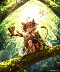  2girls :3 ahoge animal_ears backlighting bare_shoulders bell black_choker black_legwear breasts cat_ears cat_girl cat_tail choker cleavage collarbone commentary_request company_name cygames day detached_sleeves dress facing_away forest from_below full_body glowing glowing_eyes gold_trim green_dress grey_hair hair_ornament hairband halterneck holding jingle_bell jumping lens_flare long_sleeves looking_at_viewer madogawa medium_hair moss multiple_girls nature neck_bell oerba_yun_fang official_art open_mouth outdoors photoshop_(medium) plant puffy_sleeves red_dress shadowverse shama_(shadowverse) shamu_(shadowverse) single_thighhigh small_breasts smile squatting staff sunlight tail thighhighs tree two-handed v-shaped_eyebrows vines watermark yellow_eyes 