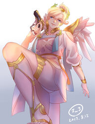  ancient_greek_clothes bad_id bad_pixiv_id blonde_hair blue_background blue_eyes bracelet breasts chinese_commentary chiton commentary_request cowboy_shot dated dress feathered_wings female finger_on_trigger foreshortening from_below gradient_background greco-roman_clothes gun handgun head_wreath high_ponytail highres holding holding_gun holding_weapon jewelry jj_(pixiv_19227432) laurel_crown light_smile looking_at_viewer mechanical_wings medium_breasts mercy_(overwatch) official_alternate_costume overwatch overwatch_1 panties pantyshot parted_lips sandals short_hair short_sleeves solo standing toes underwear watermark weapon white_background white_dress white_panties winged_victory_mercy wings 