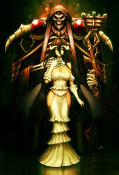  1boy ainz_ooal_gown albedo_(overlord) armor black_hair black_robe black_sclera black_wings breasts burunuu_(bullnukko) cleavage colored_sclera commentary_request demon_girl demon_horns demon_wings detached_collar dress feathered_wings feathers female frills gloves glowing glowing_eye hair_between_eyes hip_vent holding holding_staff hood hood_up horns jewelry large_breasts lich looking_at_viewer low_wings necklace necromancer overlord_(maruyama) pauldrons red_eyes ribs robe shoulder_armor skeleton skull slit_pupils smile staff white_dress white_gloves wide_sleeves wings yellow_eyes 