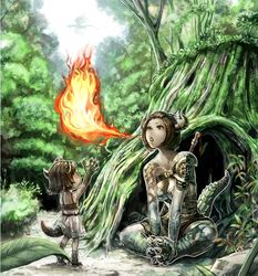  2girls :o armor bad_id bad_pixiv_id belt breasts breath_weapon breathing_fire brown_eyes brown_hair burunuu_(bullnukko) claws cleavage commentary dragon dragon_girl dress fire forest horns lolicon medium_breasts monster_girl multiple_girls nature original scales short_hair siblings sisters sitting standing sword tail tree weapon 