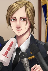  brown_eyes brown_hair commentary_request exaxuxer female highres lips microphone military military_uniform natalia_poklonskaya necktie nose real_life short_hair smile solo swept_bangs uniform 