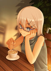  bare_shoulders blonde_hair blue_eyes chair coffee commentary cup female glasses hair_ornament hairclip head_rest highres looking_at_viewer original sakais3211 semi-rimless_eyewear solo stirring table 