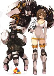  asymmetrical_legwear blackball breasts brown_eyes brown_hair cleavage commentary covered_navel detached_collar dress female full_body headgear long_sleeves mechanical_arms mechanical_legs mechanical_parts medium_breasts original prosthesis prosthetic_leg short_hair simple_background single_mechanical_arm solo standing thighhighs toy_block uneven_legwear white_background white_dress white_legwear zettai_ryouiki 