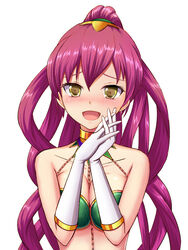  :d bad_id bad_pixiv_id bare_shoulders bikini blush breasts chains character_request cleavage collarbone commentary_request detached_collar female gloves hair_ornament long_hair looking_at_viewer medium_breasts nose_blush open_mouth own_hands_clasped own_hands_together purple_hair sayashi_(type5_labyrith) smile solo split_ponytail swimsuit upper_body white_background white_gloves yellow_eyes yurudorashiru 