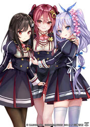  3girls arm_around_waist black_hair black_skirt blue_eyes brown_eyes brown_legwear commentary_request girl_sandwich hair_ornament jouizumi_masamune kousetsu_samonji_(tenka_hyakken) long_hair looking_at_viewer multiple_girls official_art pantyhose photoshop_(medium) pisuke pleated_skirt puffy_sleeves sandwiched sayo_samonji_(tenka_hyakken) side_ponytail silver_hair skirt skirt_hold smile standing tenka_hyakken thighhighs two_side_up watermark white_legwear 