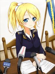  ayase_eli blonde_hair blue_eyes blush chair commentary_request cosplay desk female karamoneeze love_live! love_live!_school_idol_project microphone natalia_poklonskaya natalia_poklonskaya_(cosplay) ponytail press_conference scrunchie sitting smile solo uniform white_scrunchie 