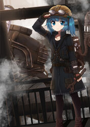  absurdres black_pantyhose blue_eyes blue_hair boots brown_footwear caibao_return chinese_commentary closed_mouth commentary_request female goggles goggles_on_headwear hair_bobbles hair_ornament helmet highres kawashiro_nitori looking_at_viewer pantyhose photoshop_(medium) short_hair short_twintails smile solo steampunk touhou twintails wrench 