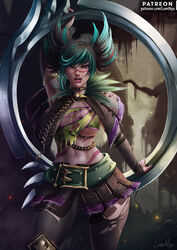  artist_name belt breasts chakram choker commentary english_commentary feathers female gauntlets green_hair highres long_hair looking_at_viewer luminyu miniskirt mole mole_under_eye multicolored_hair navel open_mouth pantyhose patreon_username photoshop_(medium) scarf skirt solo soulcalibur stomach tattoo tira_(soulcalibur) torn_clothes torn_pantyhose twintails two-tone_hair upper_body weapon 