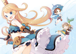  3girls :d absurdres ass backpack bag bird blonde_hair blue_eyes blush braid breasts brown_hair charlotta_(granblue_fantasy) closed_eyes commentary_request crown gauntlets granblue_fantasy harvin highres long_hair midriff muku_(muku-coffee) multiple_girls open_mouth parrot photoshop_(medium) pointy_ears shield short_hair sierokarte small_breasts smile suframare sword very_long_hair weapon 