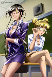  2girls absurdres adjusting_eyewear aged_up aqua-framed_eyewear black_hair blonde_hair blunt_bangs blush bracelet breasts brown_eyes brown_hair buttons ceiling chalkboard character_request classroom cleavage collared_shirt crossed_legs desk double_bun dress_shirt formal from_side glasses hair_bun haruno_tomoe heart highres ichikawa_yoshiyuki indoors jewelry large_breasts leaning_forward legs light_smile lipstick long_hair looking_at_viewer makeup medium_breasts megami_magazine miniskirt multiple_girls non-web_source official_art on_desk parted_lips pencil_skirt pink-framed_eyewear public_address_system scan school_desk semi-rimless_eyewear shirt short_hair side_slit sidelocks sitting skirt skirt_suit sleeves_rolled_up smile speaker star_plus_one suit swept_bangs teacher tile_ceiling tiles under-rim_eyewear very_long_hair yellow_eyes 