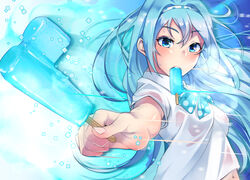  aliasing aqua_eyes aqua_hair headband long_hair natsui_tuna navel original popsicle see_through 