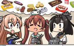  3girls ahoge akizuki_(kancolle) apollo_chocolate black_eyes black_hair black_sailor_collar blue_shirt breasts brown_eyes brown_hair candy candy_wrapper chocolate chou-10cm-hou-chan cleavage closed_eyes clothes_writing commentary dated dress ferrero ferrero_rocher food hachimaki hair_ribbon hamu_koutarou headband hershey&#039;s_kisses highres johnston_(kancolle) kantai_collection kinoko_no_yama libeccio_(kancolle) light_brown_hair long_hair m&amp;m&#039;s medium_breasts meiji_(brand) multiple_girls neckerchief oerba_yun_fang off_shoulder one-hour_drawing_challenge open_mouth ponytail ribbon sailor_collar sailor_dress school_uniform serafuku shirt sleeveless sleeveless_dress snickers_(brand) twintails two_side_up yellow_neckerchief 