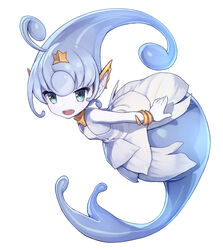  absurdres ahoge blue_hair blue_skin blue_theme bracelet colored_skin elemental_(creature) ever_oasis female full_body hair_ornament highres isuna_(ever_oasis) jewelry looking_at_viewer mermaid monster_girl official_art open_mouth photoshop_(medium) pointy_ears round_teeth shizuma_yoshinori simple_background sleeveless solo teeth water_elemental white_background 