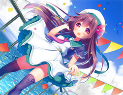  :d alternate_costume beret black_thighhighs blouse brown_hair cloud commentary_request confetti crescent crescent_pin day dress dutch_angle female flag floating_hair hair_ornament hat horizon kantai_collection kisaragi_(kancolle) long_hair looking_at_viewer minami_(apricot_tea) neckerchief ocean open_mouth outdoors pennant petticoat purple_eyes sailor_dress sailor_hat shirt short_sleeves skirt_hold sky smile solo string_of_flags thighhighs tucking_hair very_long_hair wind 