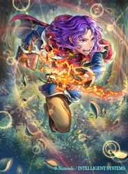  1boy book cape commentary_request copyright_name curly_hair erk_(fire_emblem) fingerless_gloves fire fire_emblem fire_emblem:_the_blazing_blade fire_emblem_cipher gloves kazura_enji leaf male_focus official_art open_mouth purple_eyes purple_hair solo sparkle teeth tree 