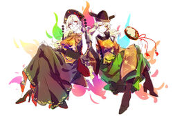  2girls aura blonde_hair boots chinese_clothes chinese_commentary commentary crescent crossed_legs drum energy green_skirt hand_on_own_cheek hand_on_own_face hat highres instrument junko_(touhou) kagari6496 long_hair long_sleeves look-alike matara_okina multiple_girls orange_hair phoenix_crown red_eyes ribbon skirt smile tabard touhou wide_sleeves yellow_eyes 