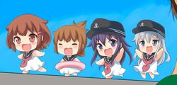  4girls :d ^_^ aged_down akatsuki_(kancolle) arms_up blue_eyes blue_hair brown_eyes brown_hair chibi closed_eyes commentary_request flat_cap folded_ponytail gale_kawaii hair_ornament hairclip hat hibiki_(kancolle) ikazuchi_(kancolle) inazuma_(kancolle) innertube kantai_collection long_hair multiple_girls neckerchief oerba_yun_fang open_mouth purple_eyes purple_hair skin_fang smile swim_ring white_hair 