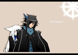  1boy animal_ears black_hair blue_eyes commentary_request female fox_ears horns husband_and_wife konshin letterboxed long_hair orie_jinku orie_mishiro pixiv_fantasia pixiv_fantasia_fallen_kings pointy_ears red_eyes single_horn slit_pupils white_hair yellow_eyes 