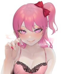  :q absurdres bad_id bad_pixiv_id bare_shoulders blush bow breasts camisole chae_na-ra cleavage cotton_swab eye_focus eyelashes eyeshadow female fingernails grey_nails hairbow hand_up highres holding long_hair looking_at_viewer makeup multicolored_nails nail_art ohisashiburi one_side_up pink_eyes pink_hair pink_lips red_bow red_nails shining_star simple_background smile solo sparkle sweat tongue tongue_out upper_body white_background 