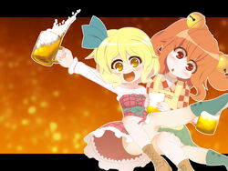  2girls :&lt; :d alcohol beer beer_mug beerko bell boots brown_hair character_name chestnut_mouth clothes_writing commentary_request cup hair_bell hair_ornament head_tilt highres holding holding_cup kuresento legs letterboxed motoori_kosuzu mug multiple_girls no_nose open_mouth original photoshop_(medium) red_eyes ribbon skirt smile touhou twintails yellow_eyes 