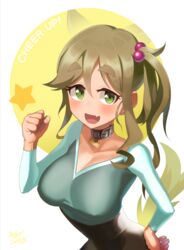  alternate_costume asymmetrical_hair bad_id bad_pixiv_id blush breasts brown_hair choker cleavage clenched_hand collar collarbone covered_nipples dress english_text female from_above green_eyes hair_bobbles hair_ornament hair_tie hand_on_own_hip highres inuyama_aoi large_breasts long_sleeves looking_at_viewer name_tag oerba_yun_fang raglan_sleeves side_ponytail signature skin_fang solo star_(symbol) taut_clothes taut_dress v-neck wootsang yurucamp 