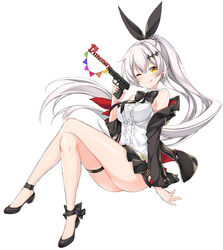  ;q anniversary arm_ribbon bare_legs bare_shoulders black_jacket black_ribbon blouse blush bow bowtie breasts cleavage closed_mouth commentary_request female five-seven_(girls&#039;_frontline) floating_hair fn_five-seven full_body girls&#039;_frontline gun hair_ornament hair_ribbon handgun holding holding_gun holding_weapon huaji jacket jewelry juna large_breasts long_hair looking_at_viewer miniskirt neck_ribbon off_shoulder one_eye_closed photoshop_(medium) pleated_skirt ponytail red_ribbon ribbon shirt sidelocks simple_background sitting skindentation skirt sleeveless sleeveless_shirt smile solo thigh_strap tongue tongue_out trigger_discipline very_long_hair weapon white_background white_hair yellow_eyes 