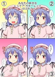  alternate_breast_size bat_wings blue_hair blush breast_expansion breasts closed_mouth commentary_request dress eyebrows female frilled_sleeves frills hat hat_ribbon highres large_breasts looking_at_viewer medium_breasts mikazuki_neko mob_cap oerba_yun_fang pink_dress pink_hat puffy_short_sleeves puffy_sleeves red_eyes remilia_scarlet ribbon short_sleeves small_breasts smile speech_bubble sweatdrop touhou translated upper_body wide-eyed wings 