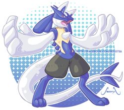  2015 3_toes 5_fingers absurd_res alpha_channel alternate_species ambiguous_gender anthro big_hands blue_background blue_theme canid canine fakemon fangs feet fingers fur fusion generation_2_pokemon generation_4_pokemon gradient_background hi_res hybrid legendary_pokemon lucario lugia mammal nintendo open_mouth outline pattern_background pokemon pokemon_(species) pokemon_fusion red_eyes seoxys6 simple_background solo spikes tail teeth text toes transparent_background url watermark white_body white_fur wings 