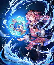  :o black_jacket black_pants black_ribbon blue_background check_commentary closed_eyes collarbone commentary_request company_name cygames dress facing_viewer female gem glint glowing hair_ribbon hairband jacket layered_dress long_hair long_sleeves lorena_(shadowverse) madogawa magic official_art open_clothes open_jacket open_mouth pants photoshop_(medium) pink_dress pink_hair ribbon shadowverse short_dress sidelocks solo striped_clothes striped_dress two_side_up veil vertical-striped_clothes vertical-striped_dress water wavy_hair wide_sleeves 