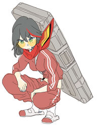  black_eyes black_hair case chokuboron_ryou commentary_request female full_body kill_la_kill matoi_ryuuko scarf senketsu senketsu_(scarf) shoes short_hair simple_background solo squatting sunglasses track_suit uwabaki 