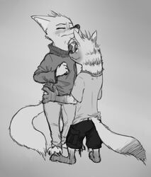  aardwolf anthro blush canid canine charlie_(weaver) closed_eyes clothing disney duo fan_character female fox fur greyscale hi_res hyena male mammal monochrome numbro pack_street seductive simple_background wolter_(weaver) zootopia 