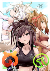  3girls animal_ears ass bare_shoulders black_eyes black_hair black_sports_bra breasts bridle brown_hair brown_sports_bra brown_thoroughbred_(kemono_friends) buruma chestnut_thoroughbred_(kemono_friends) commentary_request dated detached_sleeves horse_ears horse_girl horse_tail japan_racing_association japari_symbol kemono_friends logo long_hair looking_at_viewer medium_breasts midriff multiple_girls open_mouth photoshop_(medium) ponytail smile sports_bra sportswear sweatband tail track_uniform white_hair white_sports_bra white_thoroughbred_(kemono_friends) yuu-yuu 