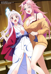  2girls :o ;d absurdres albino arahabaki_nonko arm_up ass_visible_through_thighs assisted_exposure beige_sweater blush body_blush bra bra_slip breasts cleavage collarbone embarrassed green_eyes highres indoors japanese_clothes kimono large_breasts long_hair looking_at_viewer magazine_scan megami_magazine multiple_girls no_bra off_shoulder official_art one_eye_closed open_mouth panties pink_hair print_kimono red_bra red_kimono ribbed_sweater rimless_eyewear scan shimizu_youichi smile standing sweater tongue triangular_headpiece underwear undressing_another white_hair white_kimono white_panties wooden_wall yunohana_yuuna yuragisou_no_yuuna-san 