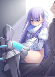  1boy aqua_thighhighs armor armored_boots ass blue_eyes blush boots closed_mouth coat commentary_request fate/extra fate/extra_ccc fate/grand_order fate_(series) female fujimaru_ritsuka_(male) hair_ribbon haribote_(desk_of_coulomb) juliet_sleeves long_hair long_sleeves meltryllis_(fate) meltryllis_(third_ascension)_(fate) nose_blush puffy_sleeves ribbon sitting sitting_on_lap sitting_on_person solo_focus thighhighs thighs very_long_hair wavy_mouth white_coat white_ribbon 