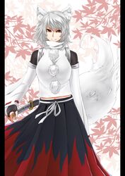  bad_id bad_pixiv_id doseisan_(dosei-san) female high_collar inubashiri_momiji leaf long_skirt maple_leaf navel red_eyes skirt solo tail touhou white_hair wolf_tail 