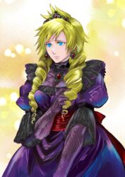  1boy blonde_hair blue_eyes braid cloud_strife commentary_request crossdressing dress final_fantasy final_fantasy_vii male_focus sio2_(nisankakeiso) solo tiara twin_braids 