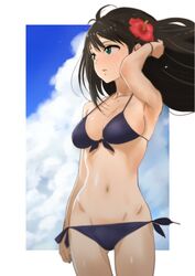  armpits bikini black_bikini black_hair breasts cloud commentary_request cowboy_shot day female flower front-tie_top green_eyes groin hair_flower hair_ornament halterneck hibiscus highres idolmaster idolmaster_cinderella_girls long_hair medium_breasts navel nekoi_mie red_flower shibuya_rin side-tie_bikini_bottom sky solo standing swimsuit 