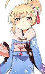  ahoge azur_lane blonde_hair blush bow commentary_request eldridge_(azur_lane) eldridge_(new_year&#039;s_outing)_(azur_lane) female floral_print flower fur-trimmed_kimono fur_trim gloves hair_bun hair_flower hair_ornament hairbow highres huge_ahoge japanese_clothes kimono long_sleeves looking_at_viewer obi official_alternate_costume official_alternate_hairstyle orange_eyes sash simple_background single_hair_bun smile solo tonari_(ichinichime_azuma) white_background wide_sleeves 