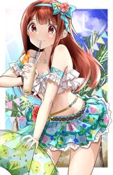  armband bare_shoulders beach bikini bikini_skirt blue_armband blue_hairband blue_skirt blue_sky blurry blurry_background blush border breasts brown_eyes brown_hair bubble_tea chupacabra_(idolmaster) cleavage collarbone cowboy_shot dot_nose drink drinking drinking_straw female flower food frilled_bikini frilled_skirt frills fruit hair_flower hair_ornament hairband hand_up hibiscus highres holding holding_drink holding_swim_ring idolmaster idolmaster_million_live! idolmaster_million_live!_theater_days innertube jewelry kinton layered_skirt leaning_forward lens_flare long_hair looking_at_viewer medium_breasts miniskirt mouth_hold navel necklace ocean orange_(fruit) outdoors outside_border palm_tree print_innertube skirt sky smile solo standing string_of_flags sunlight swim_ring swimsuit tanaka_kotoha transparent_innertube tree white_bikini white_border yellow_flower 