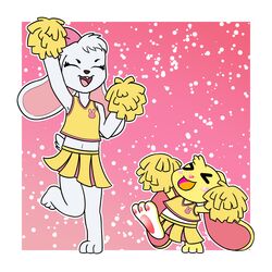  1:1 2024 accessory anthro benny_(nevelation7) blush border bow_ribbon brown_nose buckteeth cheering cheerleader cheerleader_outfit cheerleading_pose closed_eyes clothing crop_top digital_drawing_(artwork) digital_media_(artwork) duo female floppy_ears fur hair_accessory hair_ribbon hairbow happy heart_nose heart_symbol hi_res lagomorph leporid lop_ears male mammal midriff navel on_one_leg open_mouth open_smile pawpads pink_nose pom_poms pon_pon ponponthebonbon rabbit raised_arm raised_foot ribbons scut_tail shirt short_tail smile standing tail teeth topwear white_body white_border white_fur yellow_body yellow_clothing yellow_crop_top yellow_fur yellow_shirt yellow_skin yellow_topwear 