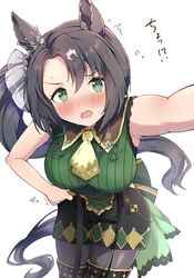  :o animal_ears ascot black_hair black_pantyhose black_shorts blush breasts cowboy_shot ear_ornament embarrassed female green_eyes green_sweater highres horse_ears horse_girl large_breasts long_hair looking_at_viewer multicolored_hair pantyhose ribbed_sweater satolier satono_crown_(umamusume) shorts side_ponytail simple_background sleeveless sleeveless_sweater solo streaked_hair suspenders_removed sweater umamusume wavy_mouth white_background white_hair yellow_ascot 